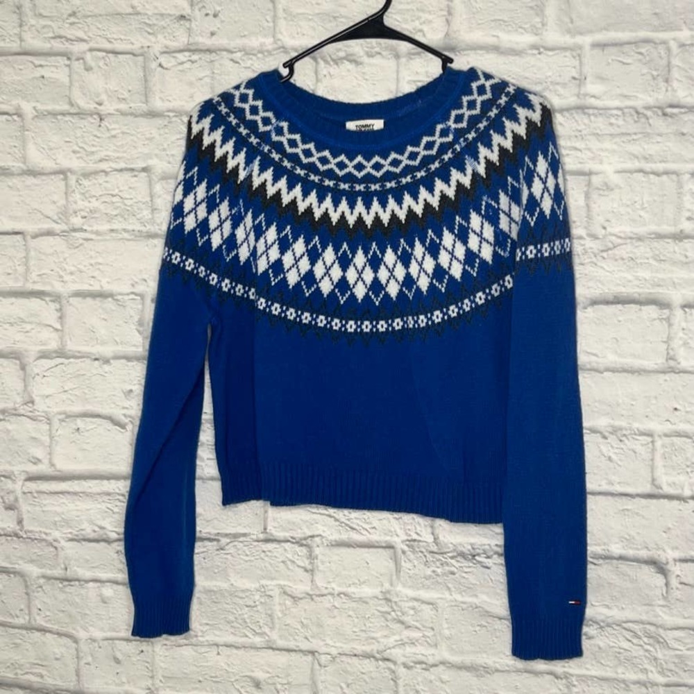 GUC Tommy Jeans Blue White Argyle Cropped Wool Fair Isle Pullover Sweater L